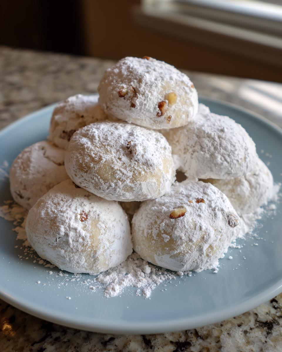A pile of freshly baked russian tea cakes heavily dusted with powdered sugar on a light blue plate.