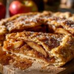 Close-up of a thick slice of warm apple galette showing caramelized filling and a crust sprinkled with coarse sugar.