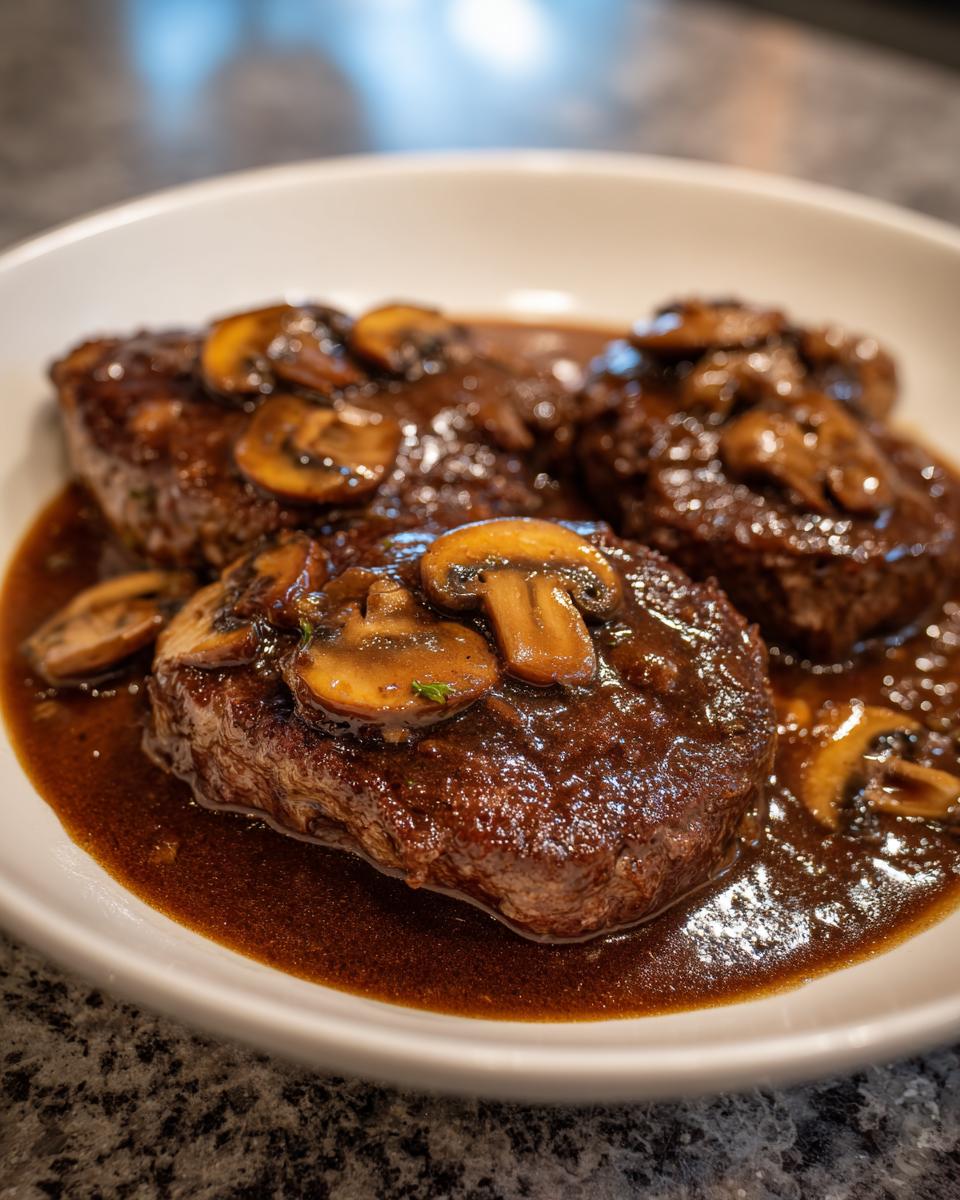 Three oval-shaped Salisbury steak patties covered in rich brown mushroom gravy, served in a white bowl.
