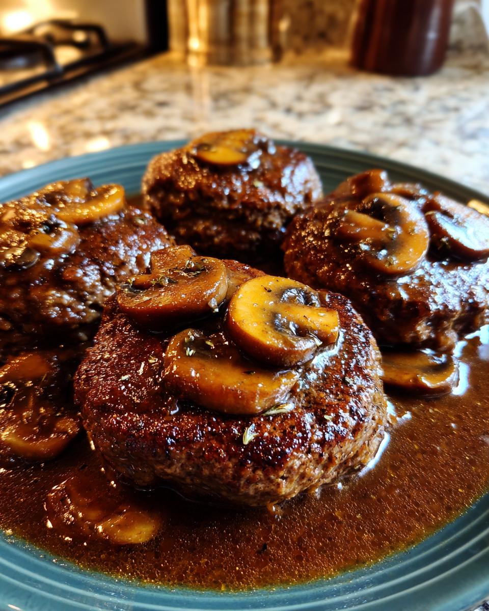 Four perfectly seared Salisbury steak patties covered in rich brown mushroom gravy on a blue plate.