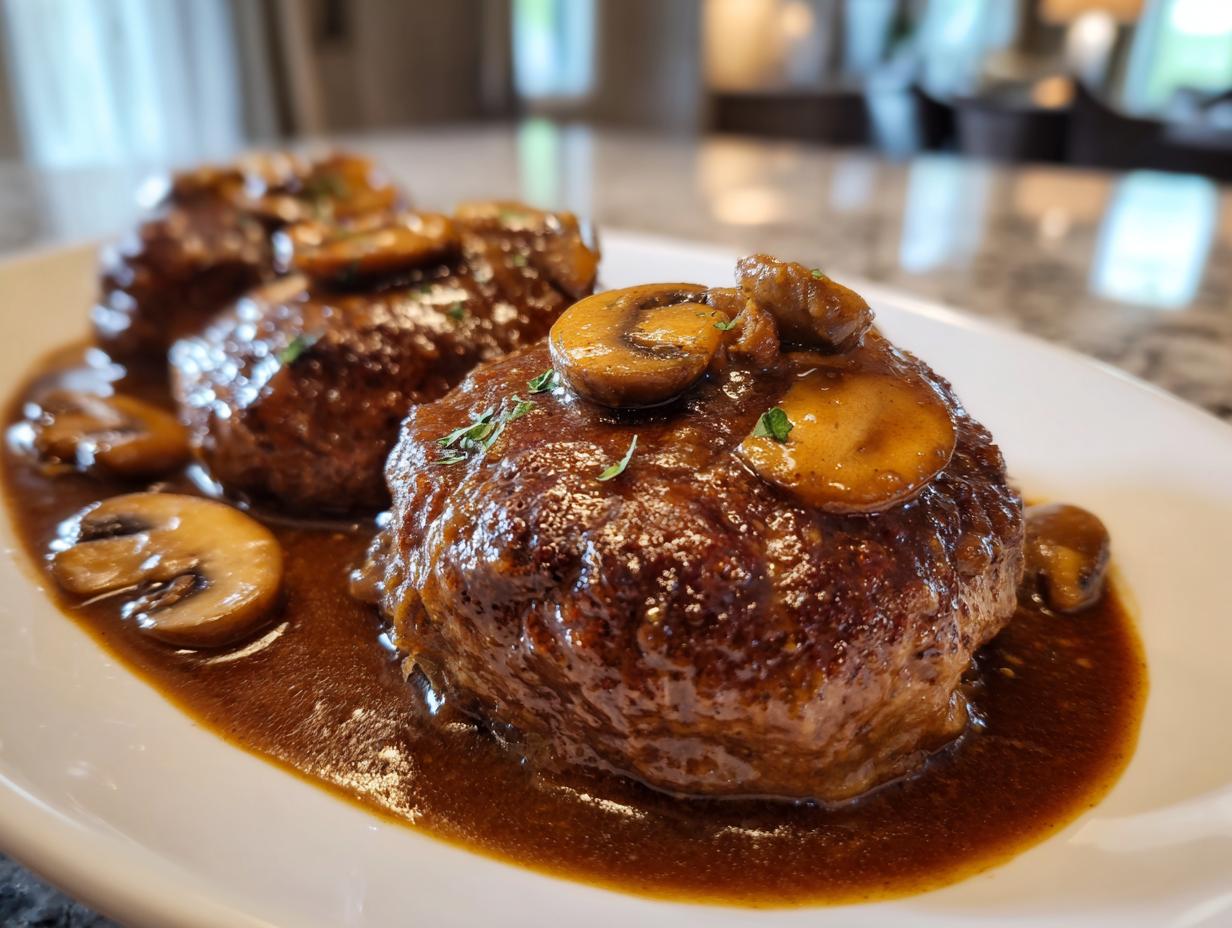 Three servings of rich, brown Salisbury steak smothered in mushroom gravy on a white plate.