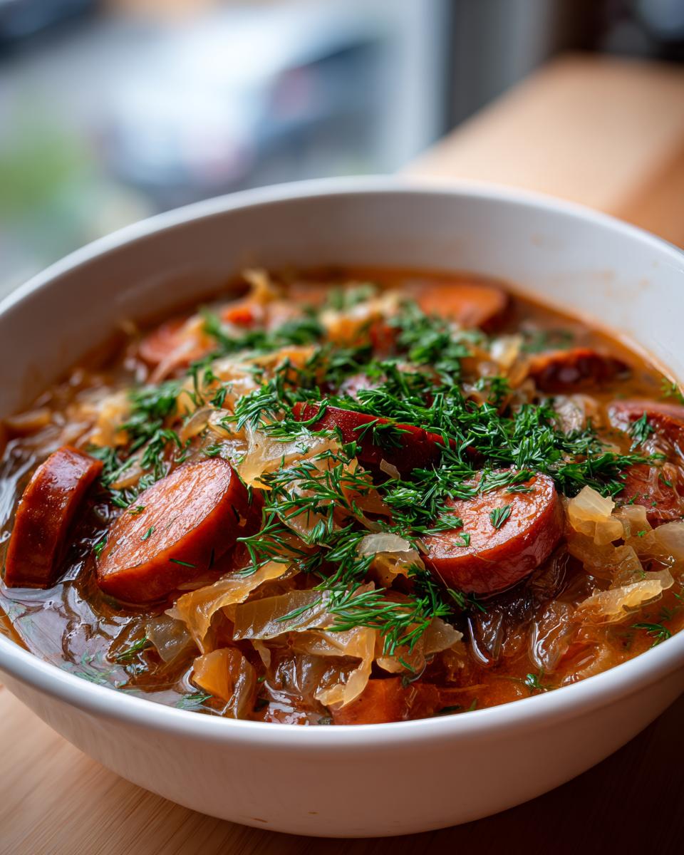 Close-up of a bowl of rich sauerkraut soup featuring thick slices of smoked sausage and fresh dill topping.
