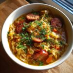 A close-up of a bowl of rich sauerkraut soup topped with sliced smoked sausage and fresh dill.