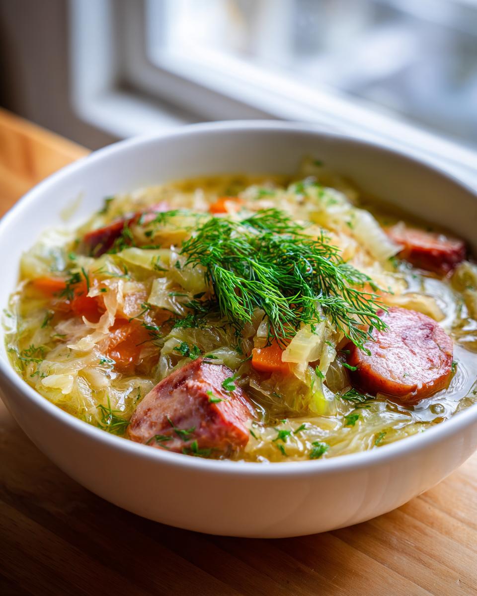 Close-up of a bowl of steaming sauerkraut soup featuring sausage slices, carrots, and fresh dill on top.