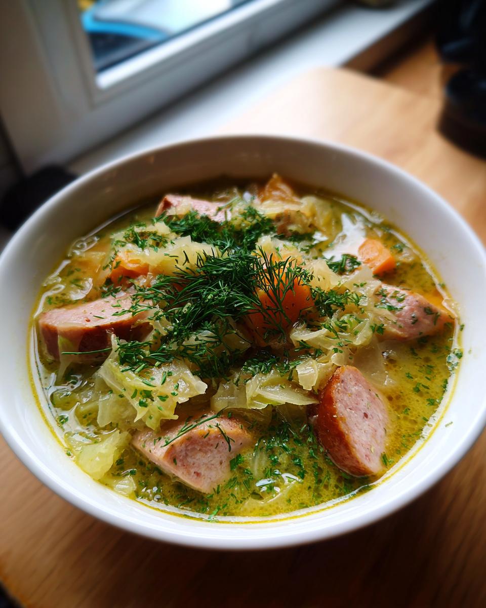 A close-up of a white bowl filled with flavorful sauerkraut soup, featuring sliced sausage, cabbage, carrots, and topped with fresh dill.