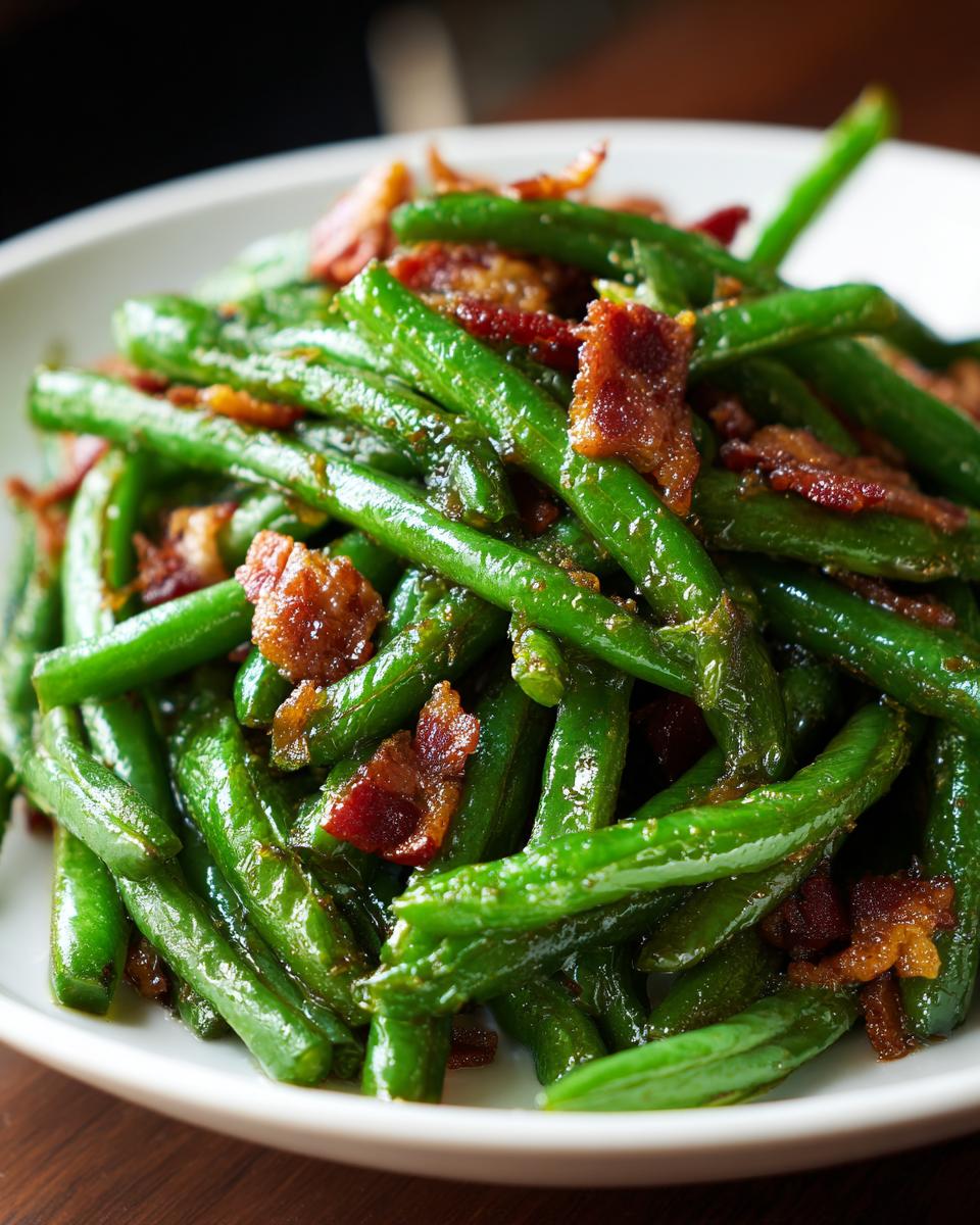 Close-up of bright green beans tossed with savory, browned pieces of bacon served on a white plate.
