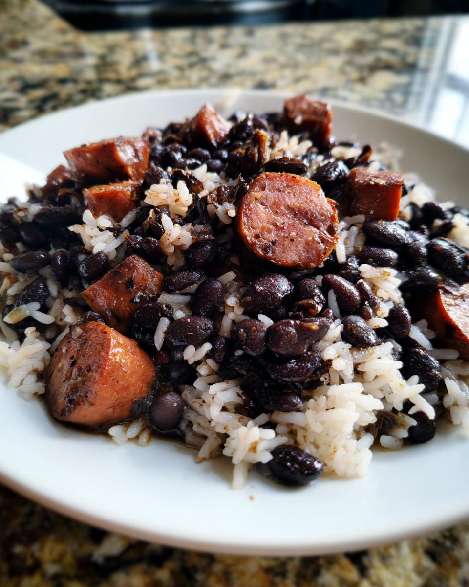 Close-up of a hearty serving of black beans and rice topped with slices of browned sausage.