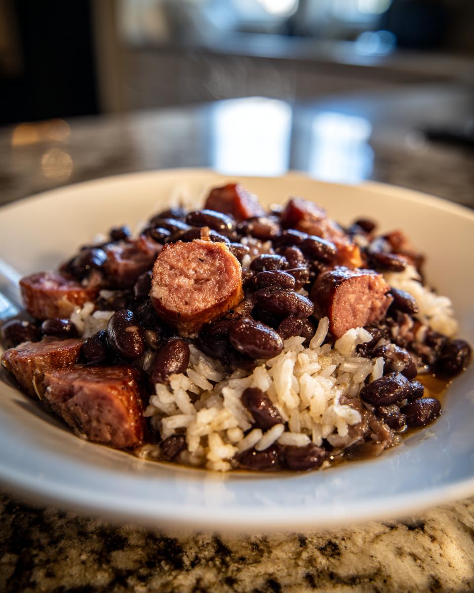 Close-up of steaming black beans and rice topped with sliced smoked sausage.