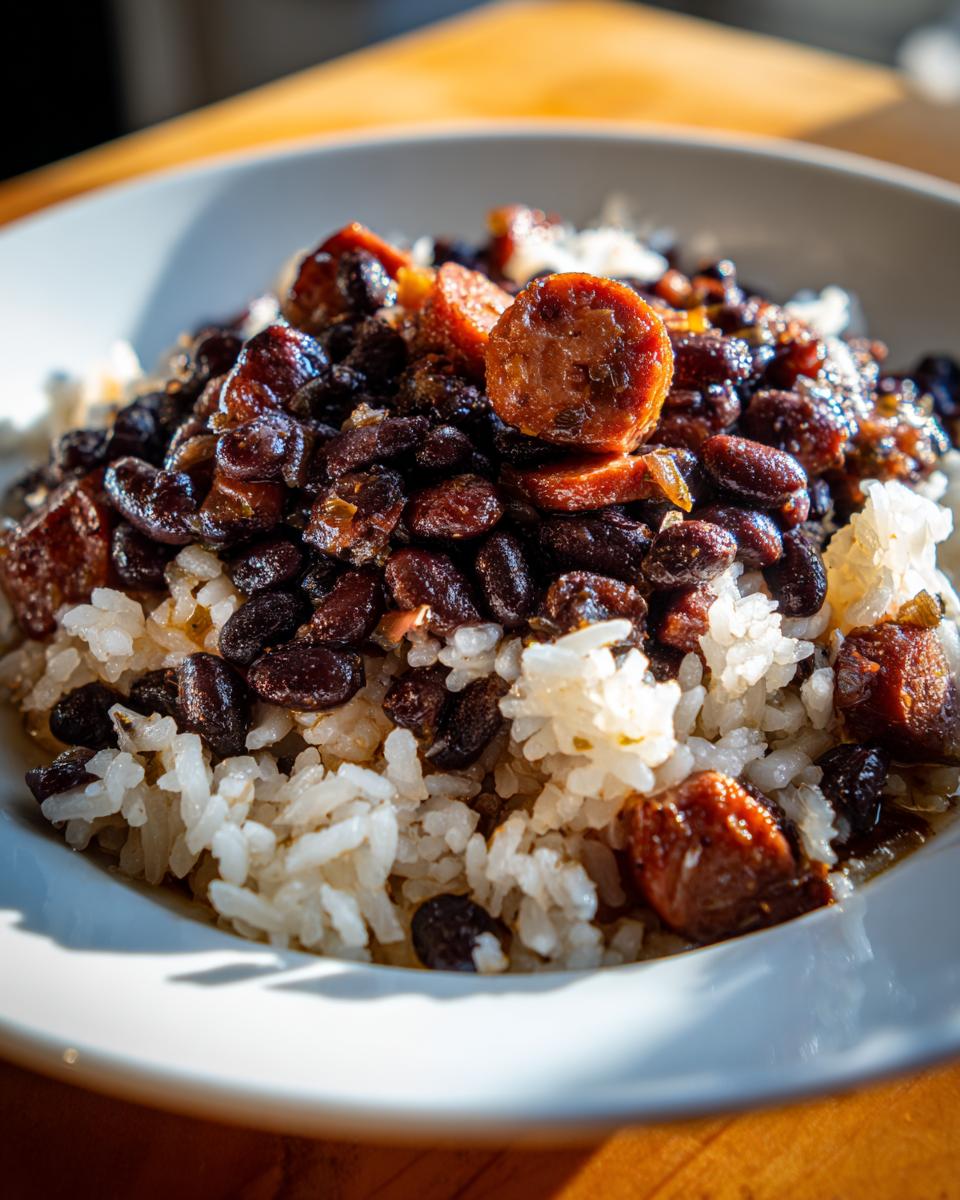 Close-up of a bowl of white rice topped generously with savory black beans and slices of smoked sausage.