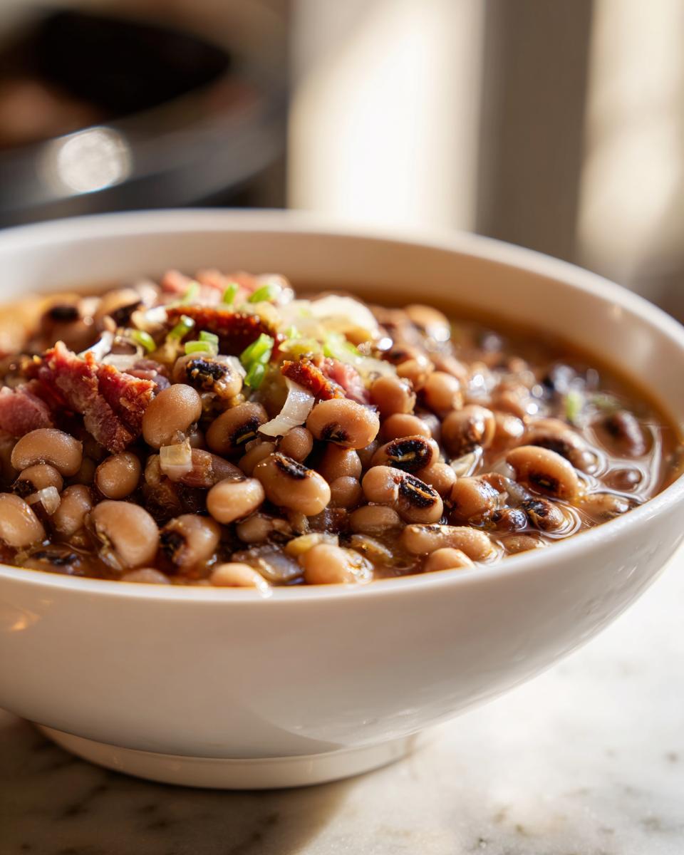 Close-up of a white bowl filled with a hearty black eyed peas recipe, topped with smoked ham and green onions.