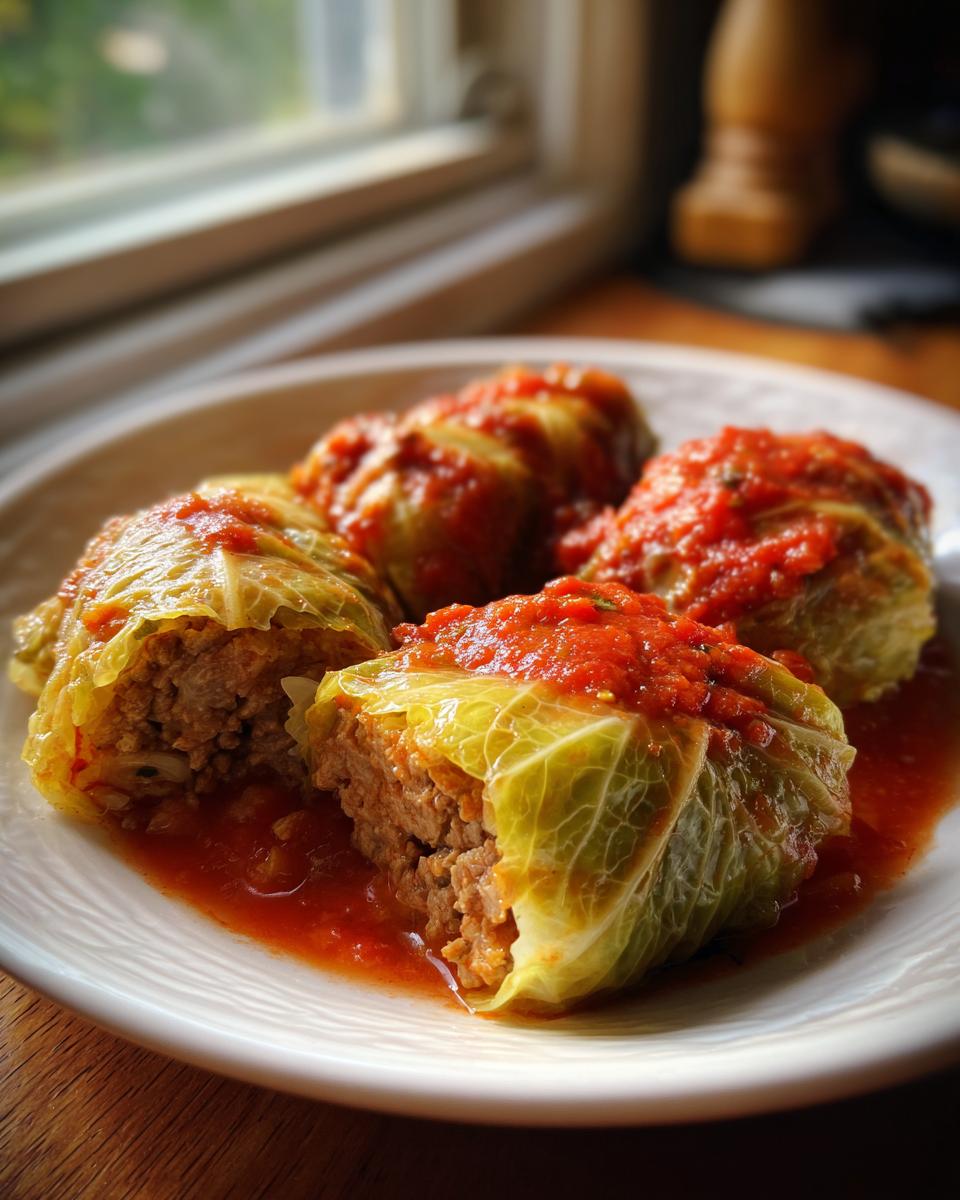 Four savory cabbage rolls filled with ground meat, covered in rich tomato sauce, served on a white plate.