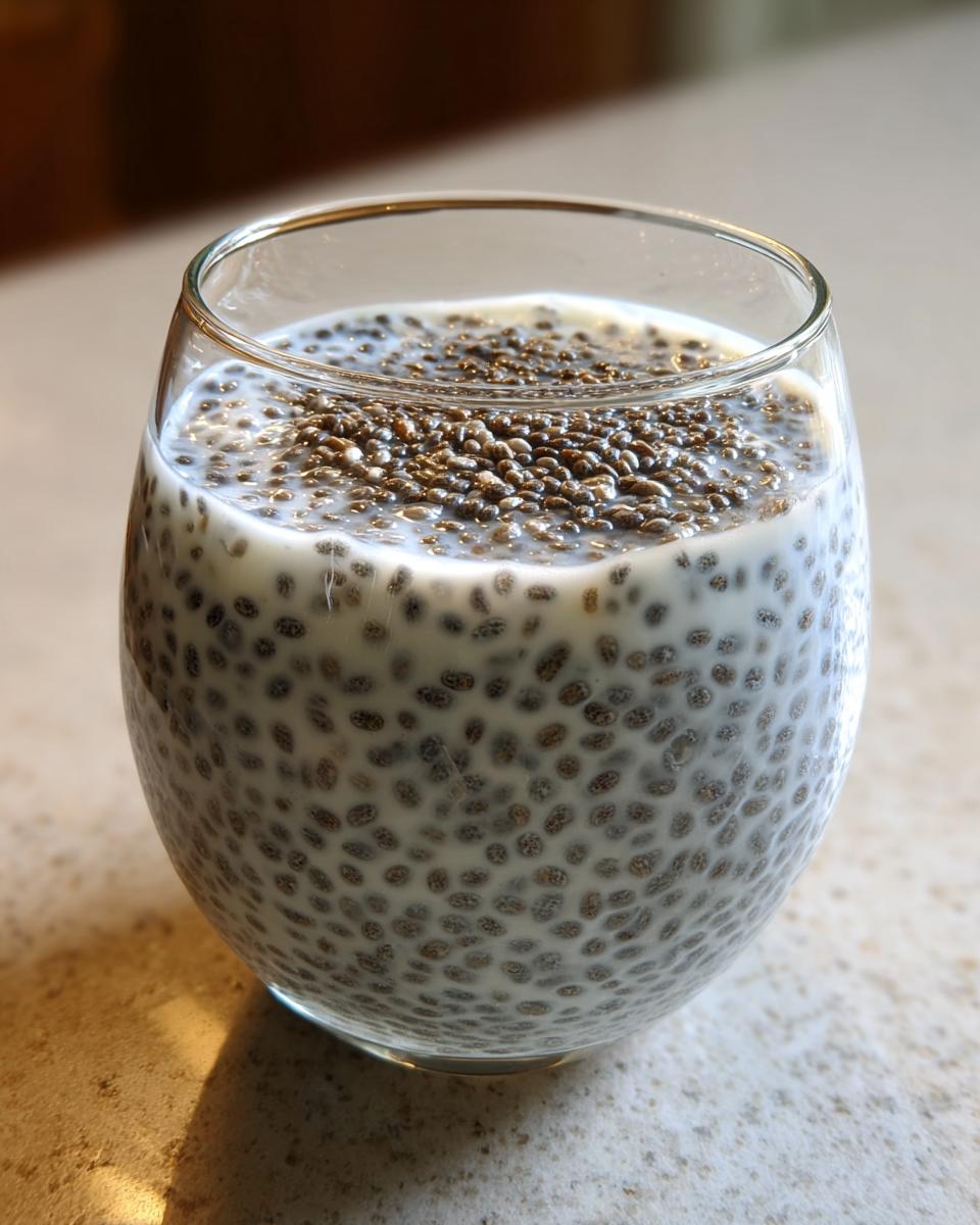 Close-up of coconut chia pudding showing hydrated chia seeds suspended in white liquid inside a clear glass.