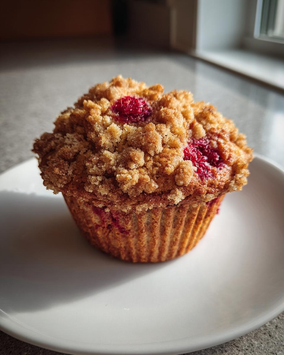 A single, freshly baked raspberry muffin topped with a generous brown sugar crumb topping, sitting on a white plate.