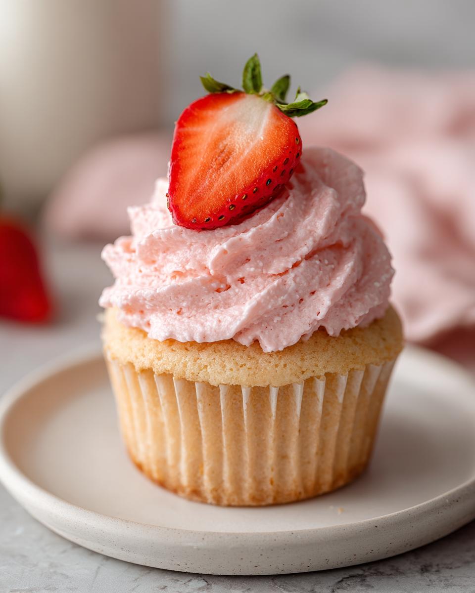 A single vanilla strawberry cupcake topped with pink strawberry frosting and a fresh strawberry half.