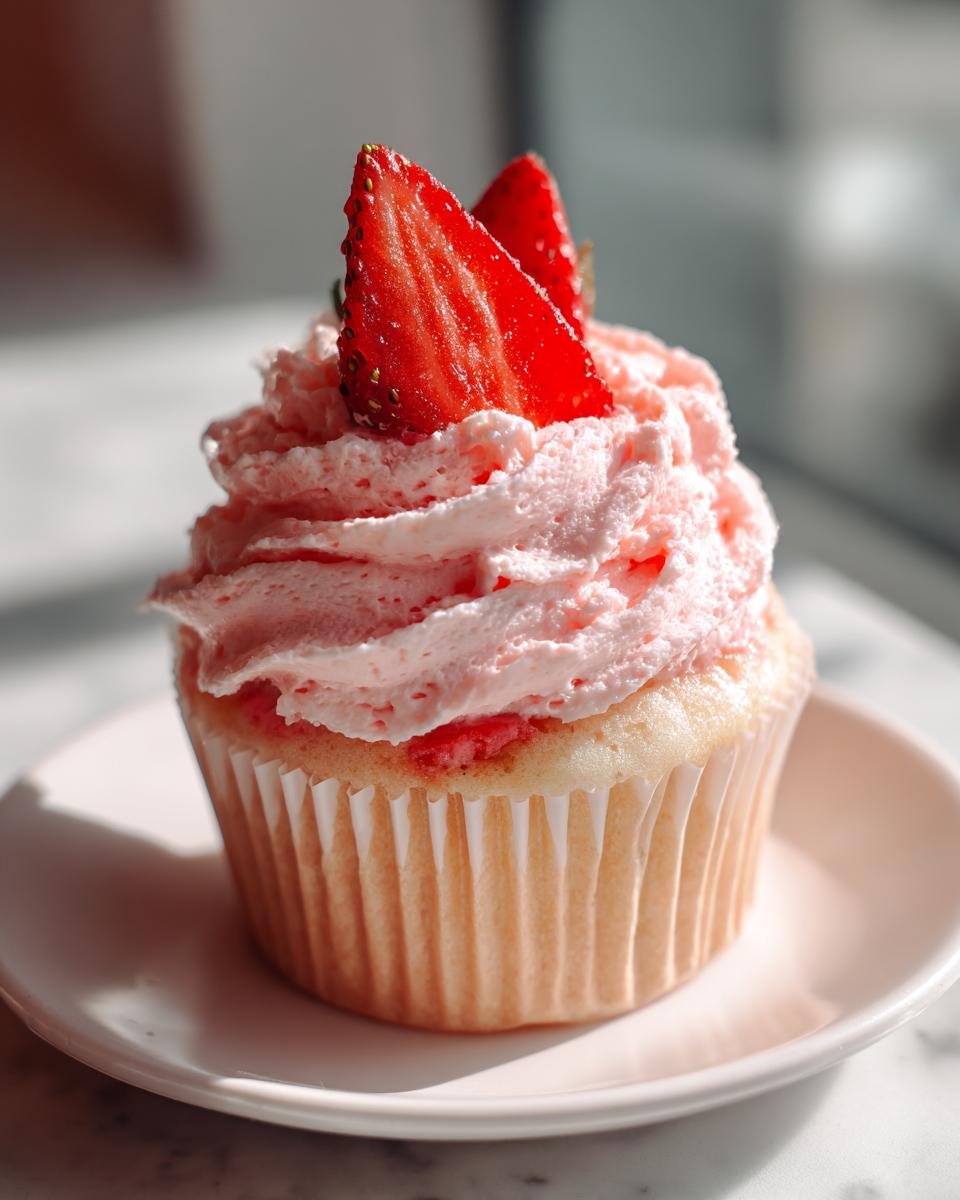 A single, beautifully frosted strawberry cupcake topped with sliced fresh strawberries, shown in bright light.