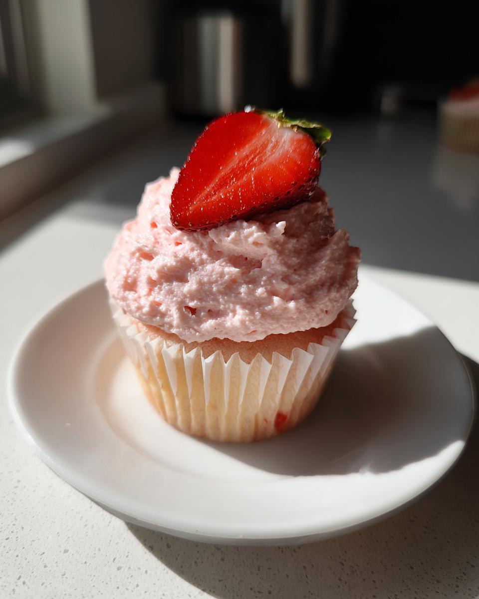 A single, beautifully frosted strawberry cupcake topped with a fresh strawberry half, sitting on a white plate.