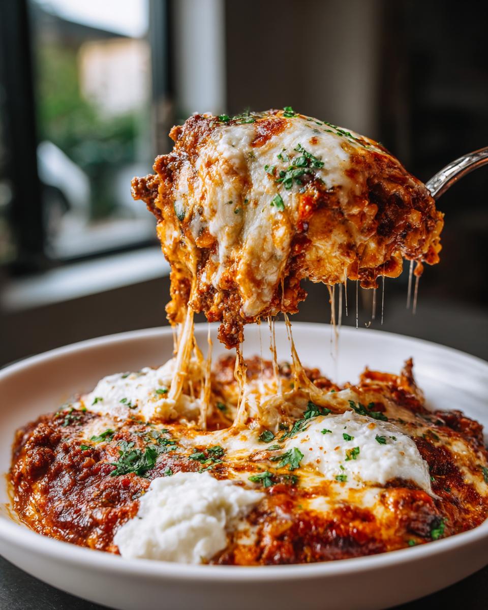 A spoonful of cheesy skillet lasagna being lifted, showing long, melted cheese pulls over the rich meat sauce.