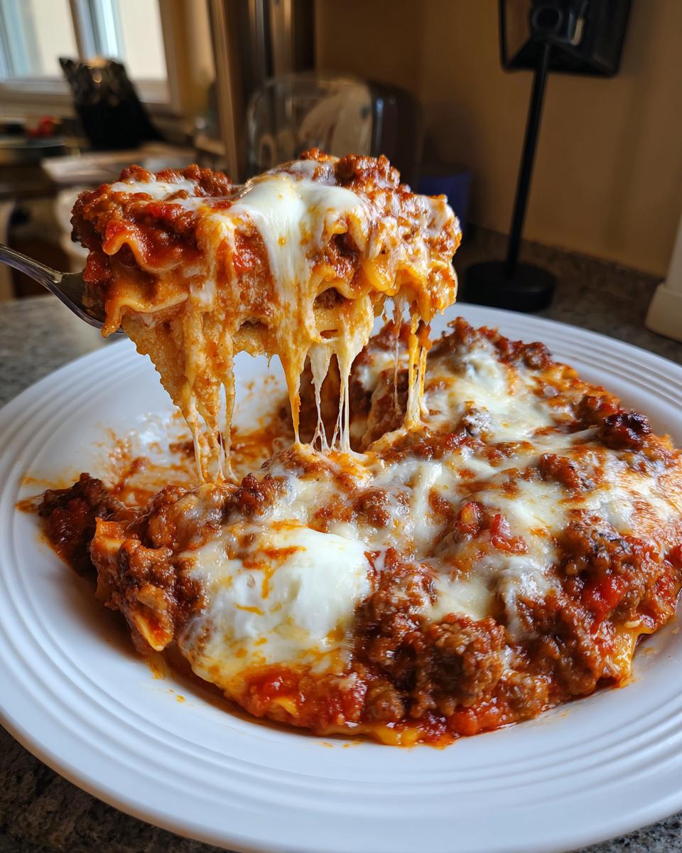 A spoonful of rich skillet lasagna is lifted, showing incredible cheese pull over the saucy meat and pasta layers.
