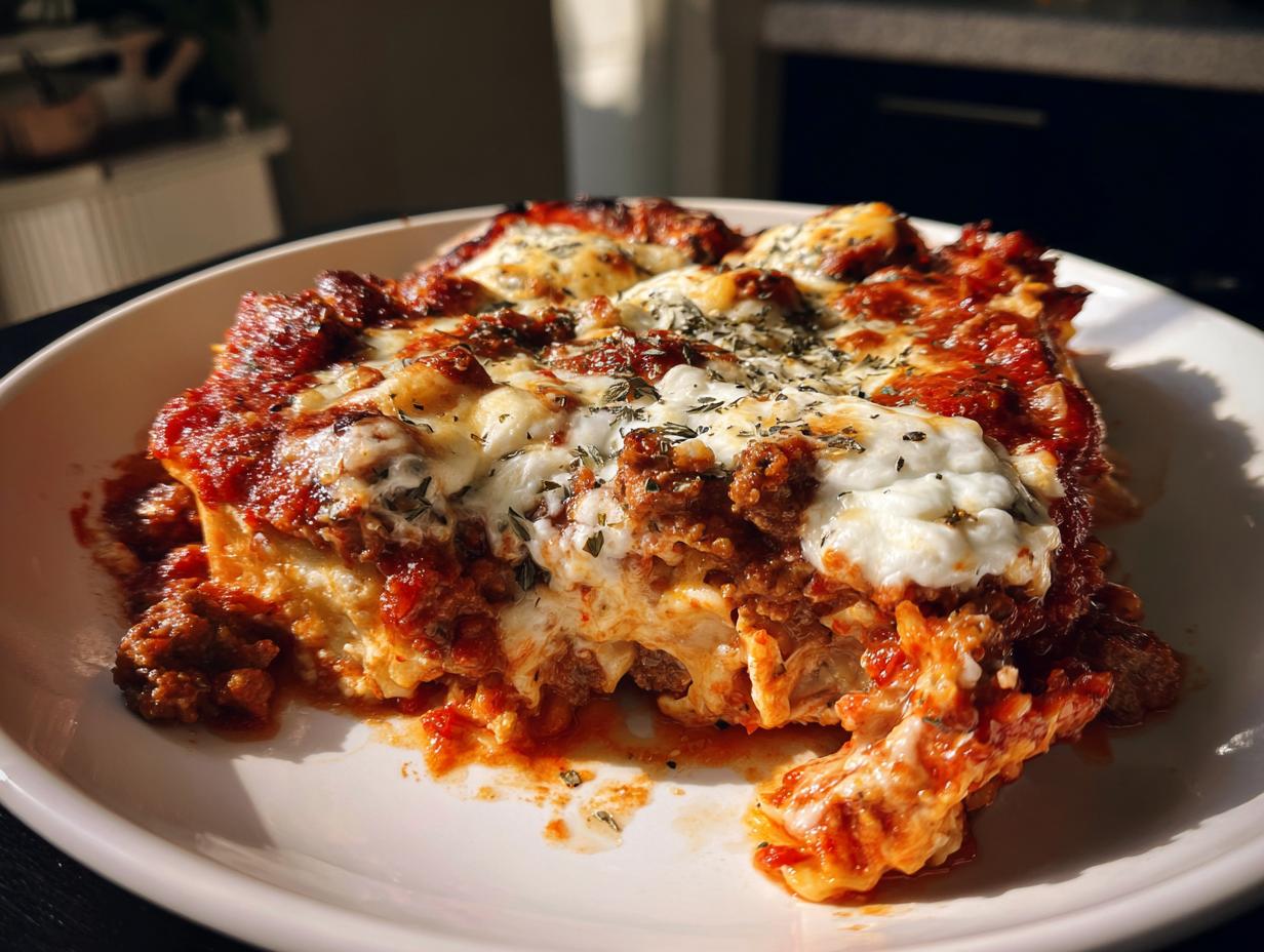 A generous serving of cheesy, saucy skillet lasagna topped with melted mozzarella and herbs on a white plate.