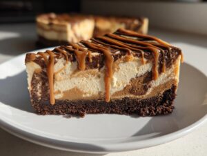 A decadent slice of biscoff cheesecake featuring a marbled filling, dark crust, and rich caramel drizzle.