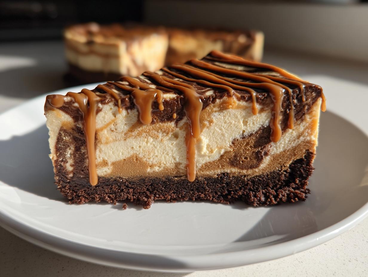 A decadent slice of biscoff cheesecake featuring a marbled filling, dark crust, and rich caramel drizzle.