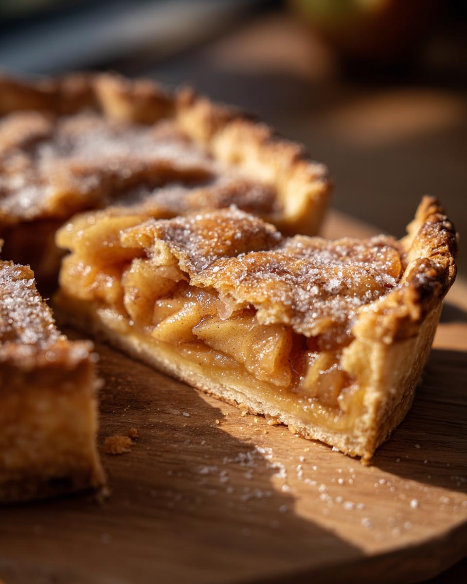 Close-up of a thick slice of apple galette showing flaky crust and caramelized apple filling, dusted with sugar.