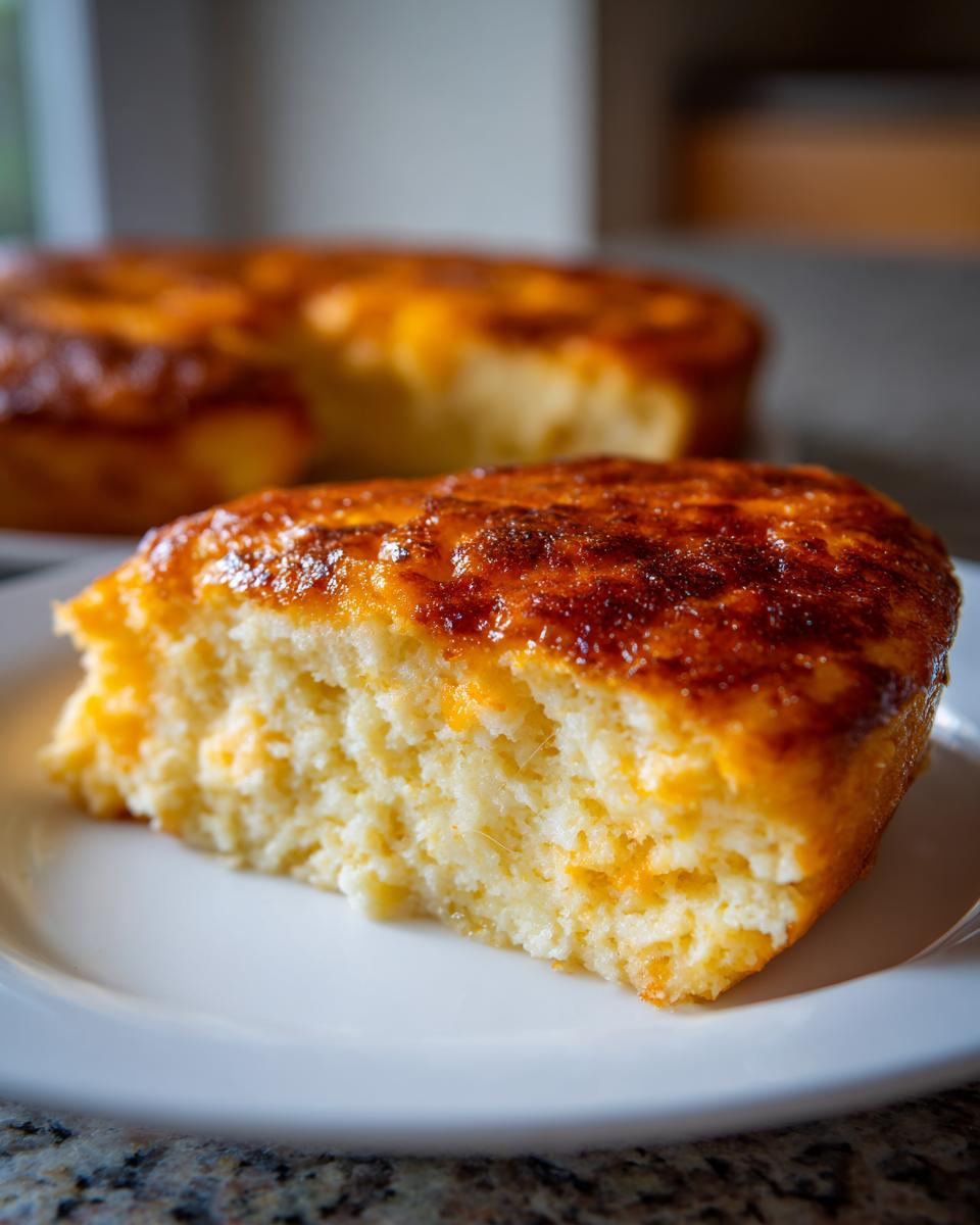 A close-up slice of baked cheese grits on a white plate, showing a fluffy interior and a deeply browned, cheesy top crust.