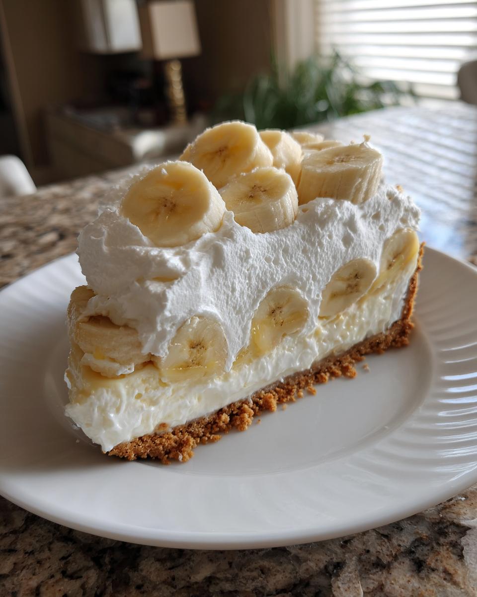 A perfect slice of banana cream cheesecake featuring a graham cracker crust, creamy filling, whipped topping, and fresh banana slices.