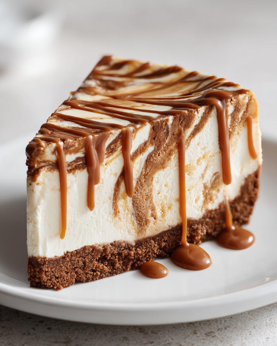 A decadent slice of biscoff cheesecake featuring a graham cracker crust and caramel swirl, topped with a thick caramel drizzle.