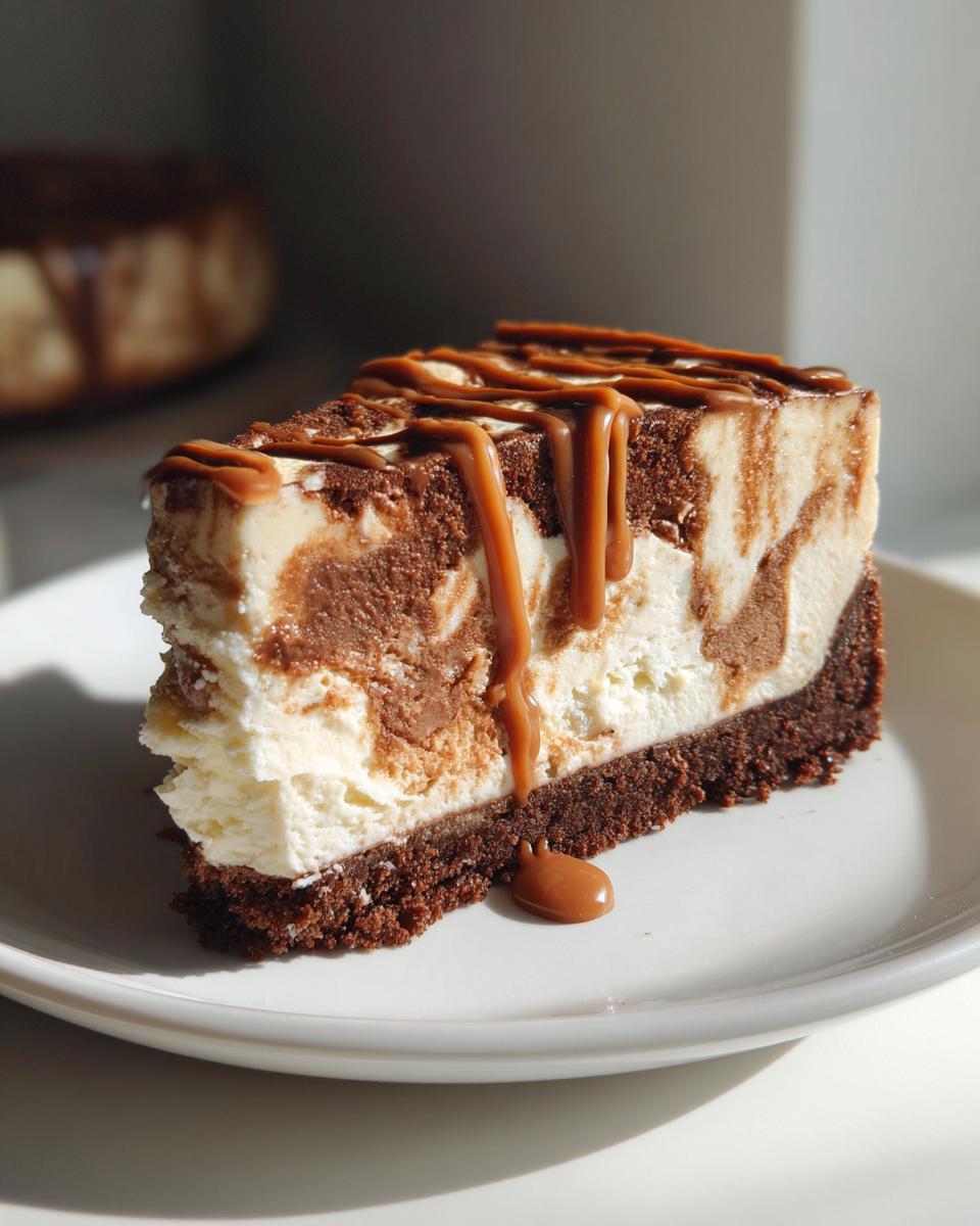 A decadent slice of marbled biscoff cheesecake with a dark crust and caramel sauce drizzled on top.