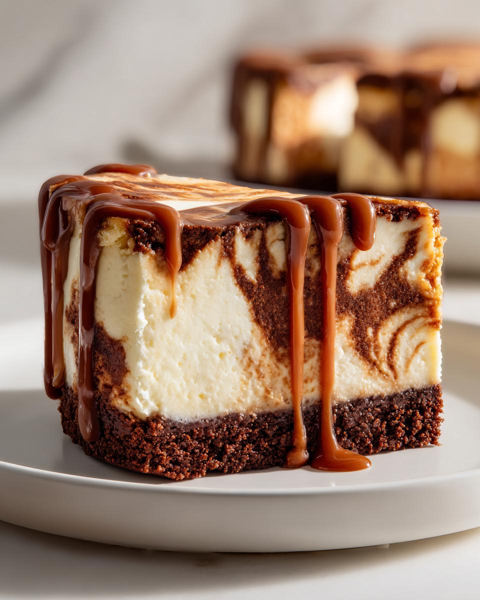 A decadent slice of marbled biscoff cheesecake topped with thick caramel sauce dripping down the sides.