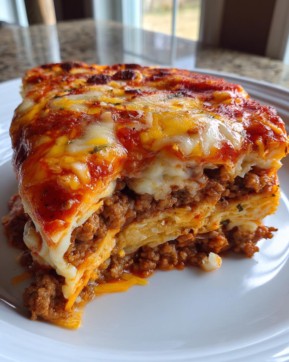 Close-up of a thick, layered slice of Mexican pizza showing ground meat, cheese, and sauce.
