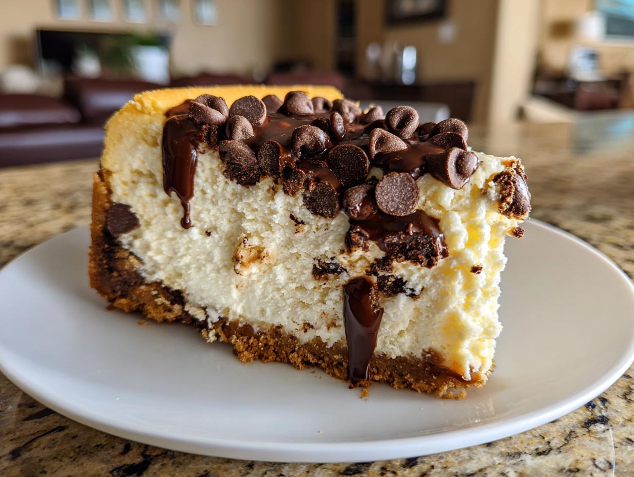 A rich slice of chocolate chip cheesecake topped with chocolate chips and fudge drizzle on a white plate.