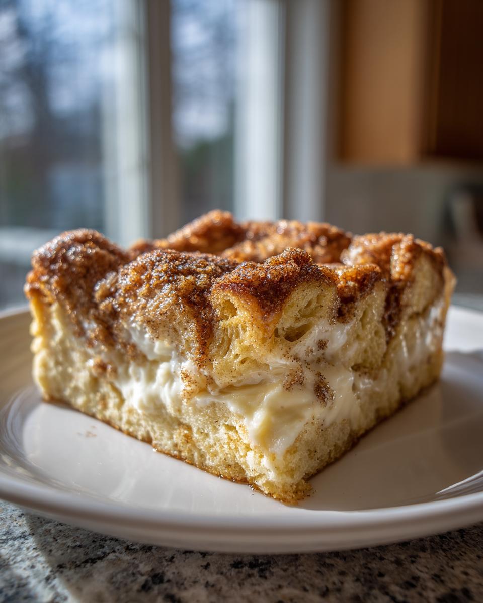 A square slice of rich french toast casserole featuring a thick cream cheese layer and a cinnamon-sugar topping.