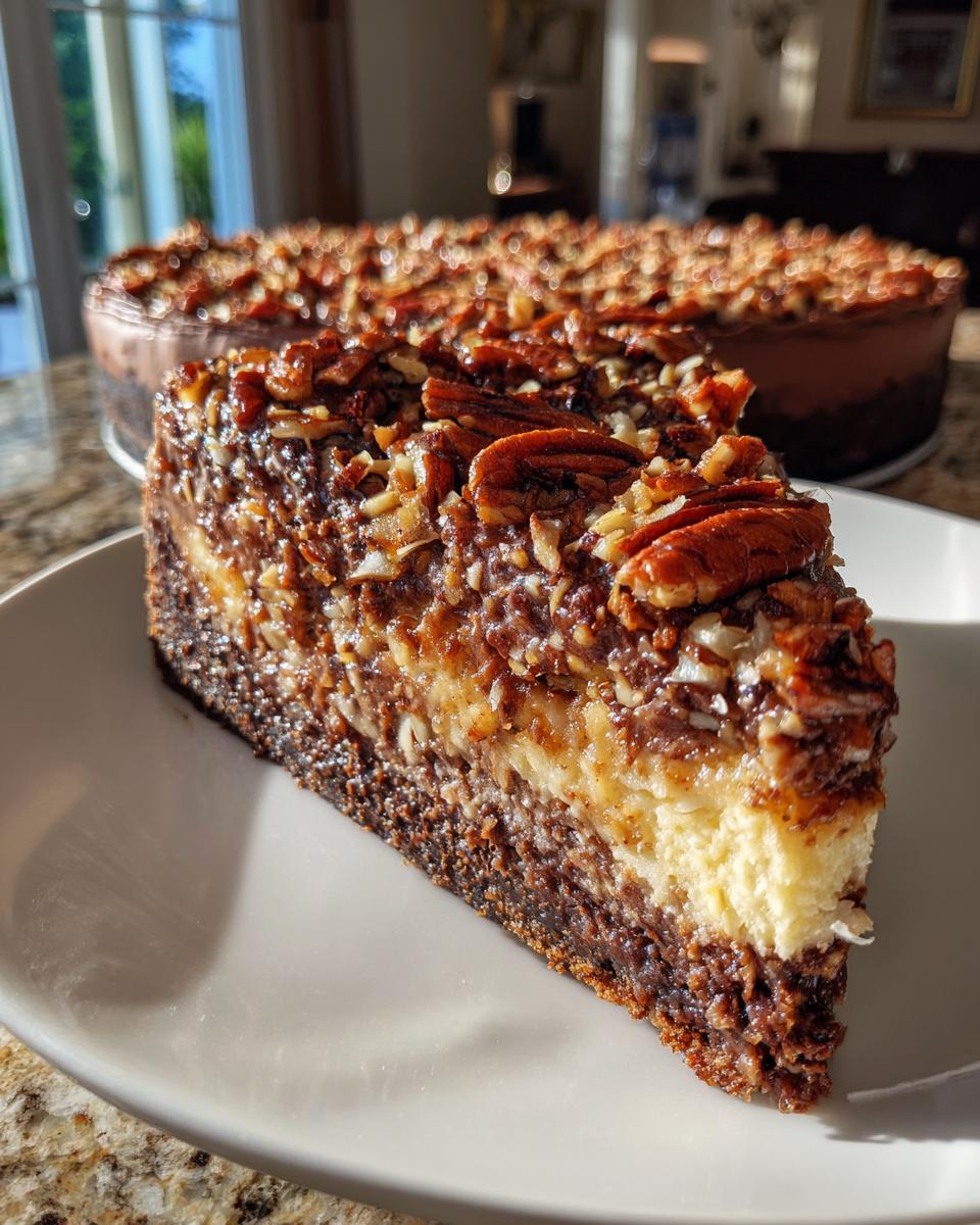 A close-up slice of german chocolate cheesecake showing layers of chocolate crust, cream cheese filling, and pecan topping.
