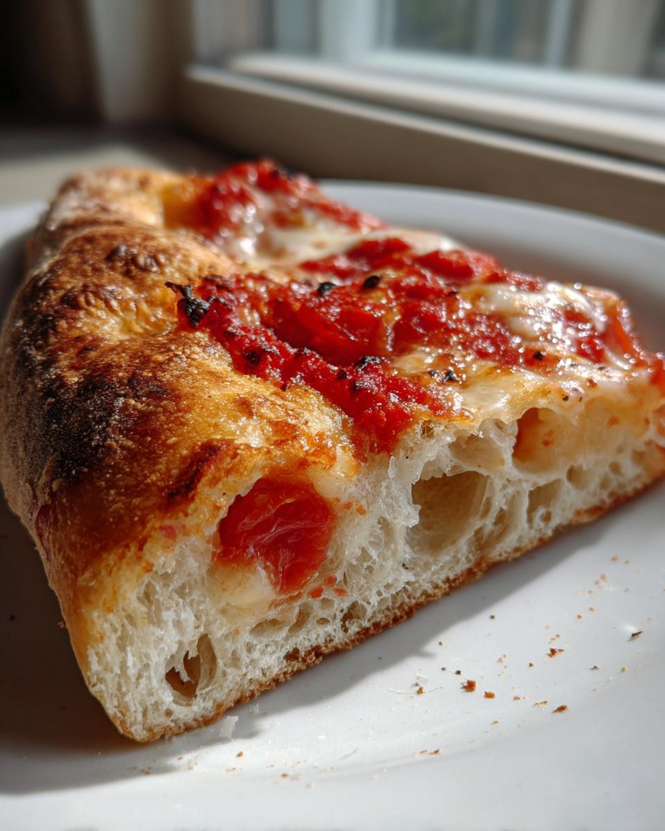 Close-up of a slice of homemade pizza showing the airy, bubbly crust, red sauce, and melted cheese.