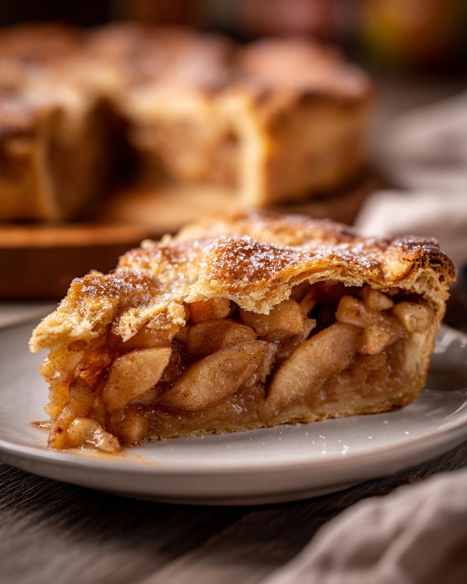 Close-up of a slice of apple galette showing flaky crust and cinnamon-spiced apple filling.