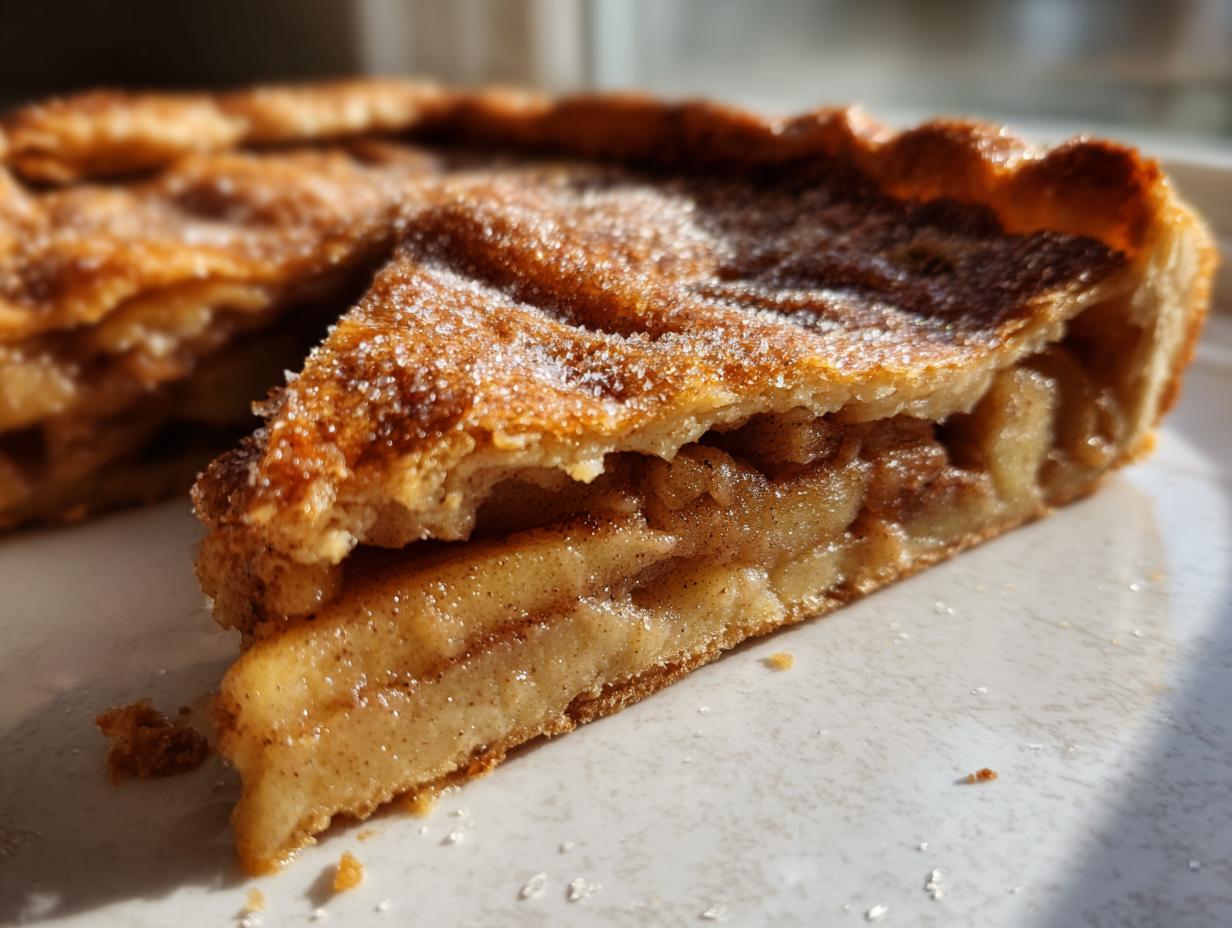 Close-up of a slice of homemade apple galette showing the cinnamon-spiced apple filling and a sugary, flaky crust.