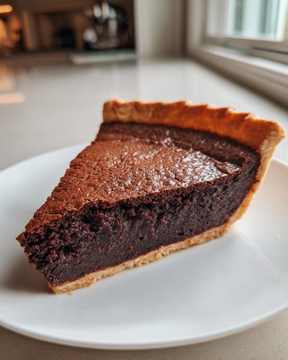 A close-up of a rich, dark slice of fudge pie with a flaky crust, served on a white plate.