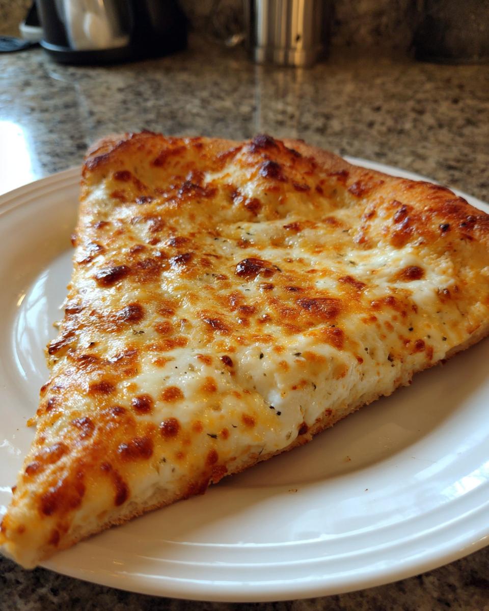A close-up of a single, thick slice of golden-brown white pizza topped with melted, bubbly cheese.