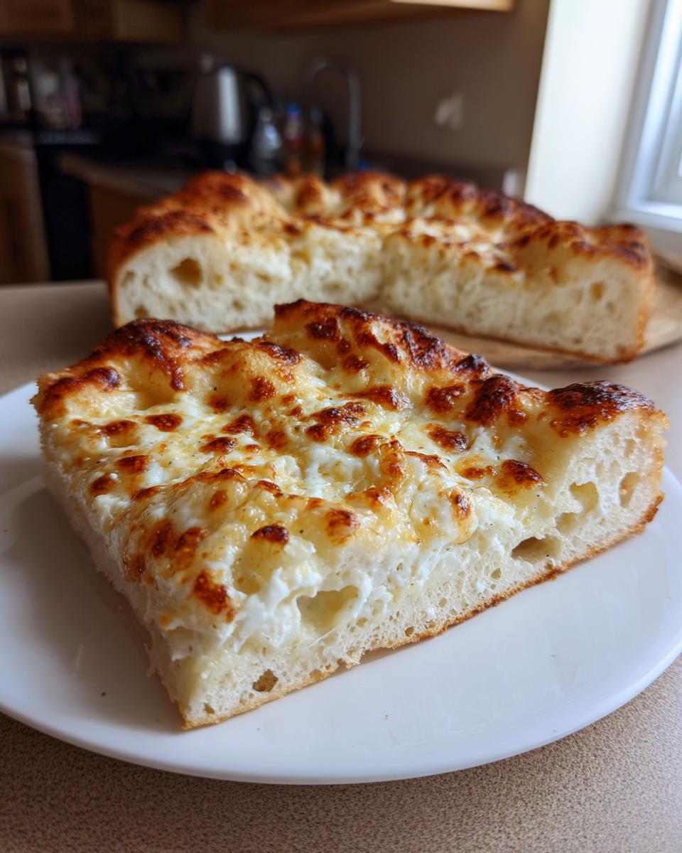 A thick slice of homemade white pizza with bubbly, browned cheese topping resting on a white plate.