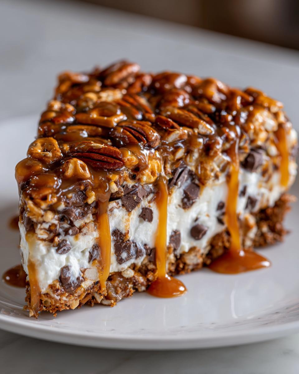 A rich slice of texas trash pie featuring a creamy filling, chocolate chips, pecans, and dripping caramel sauce.