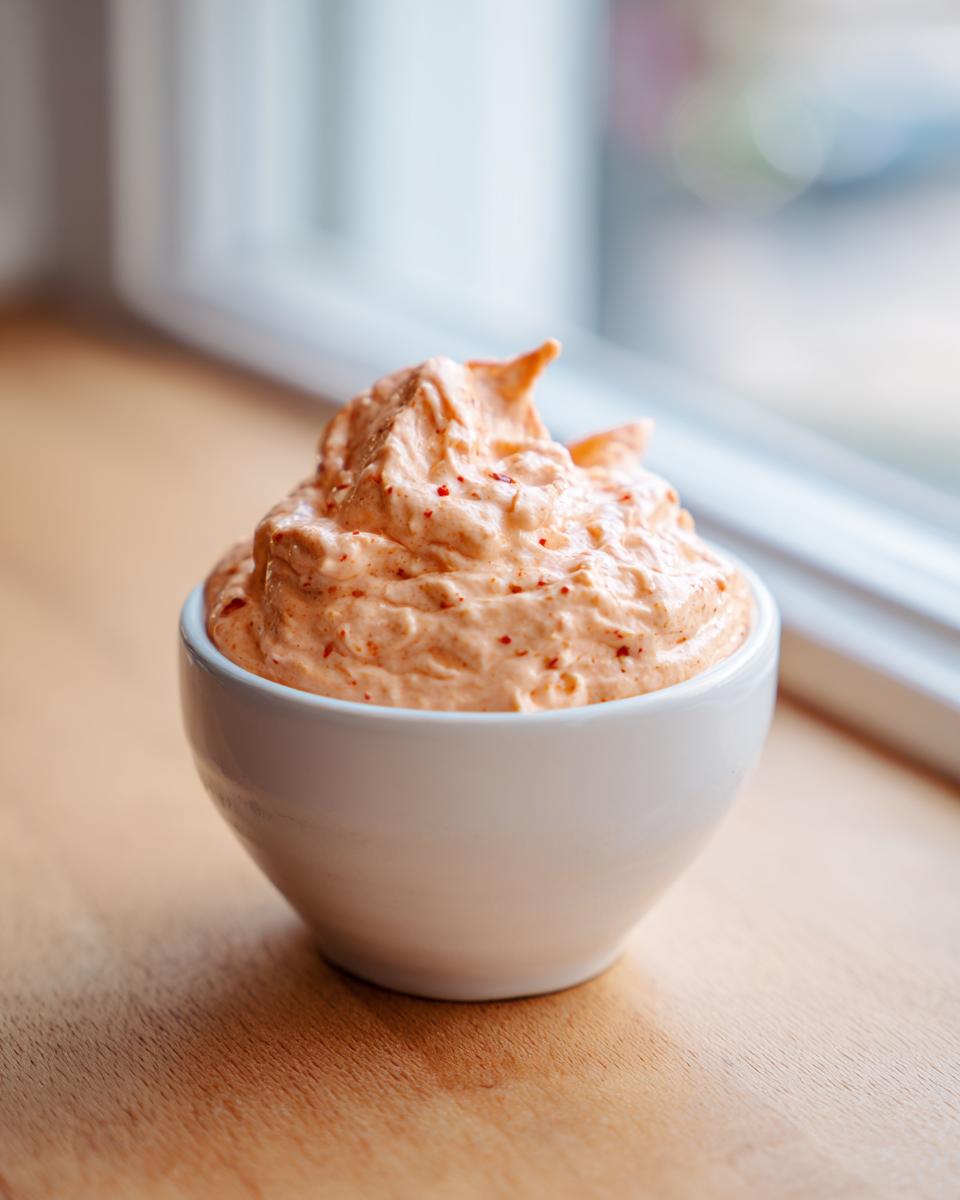 A small white bowl filled with creamy, orange-tinted smash burger sauce, speckled with red spices.