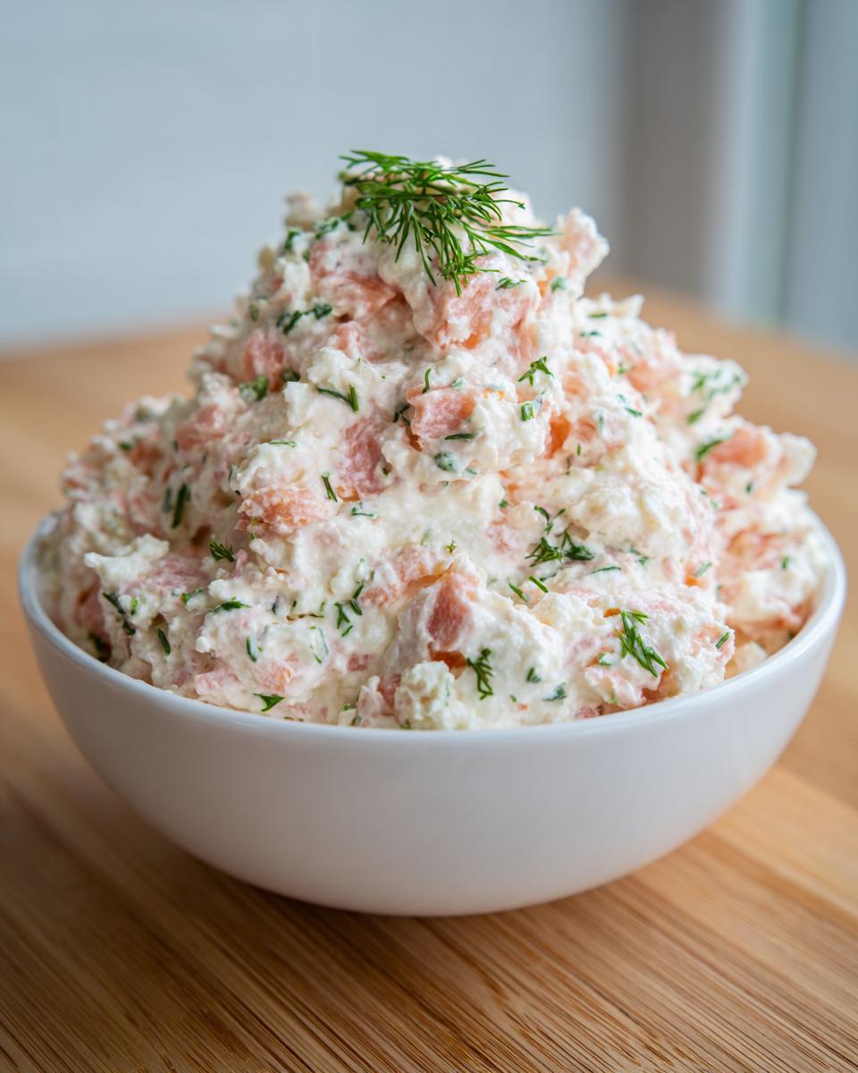 A white bowl filled high with creamy smoked salmon dip mixed with herbs and topped with fresh dill.