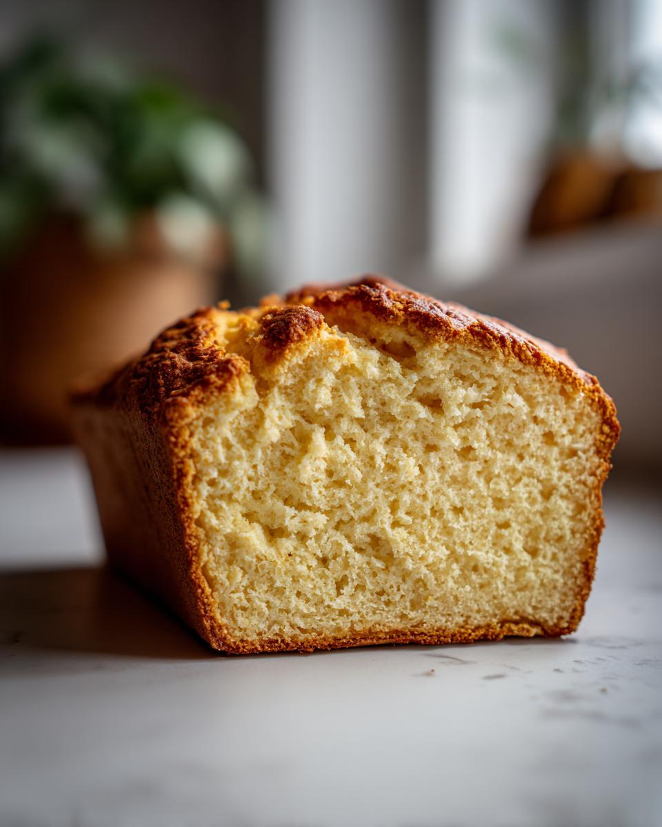 Close-up of a freshly baked soda bread loaf cut in half, showing its fluffy, golden interior and crust.