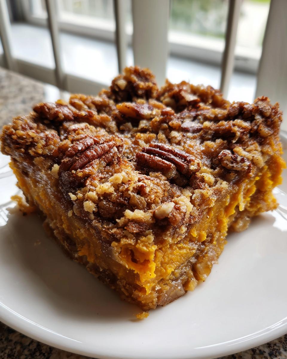 A close-up slice of rich, orange southern sweet potato casserole topped with a crunchy pecan streusel.