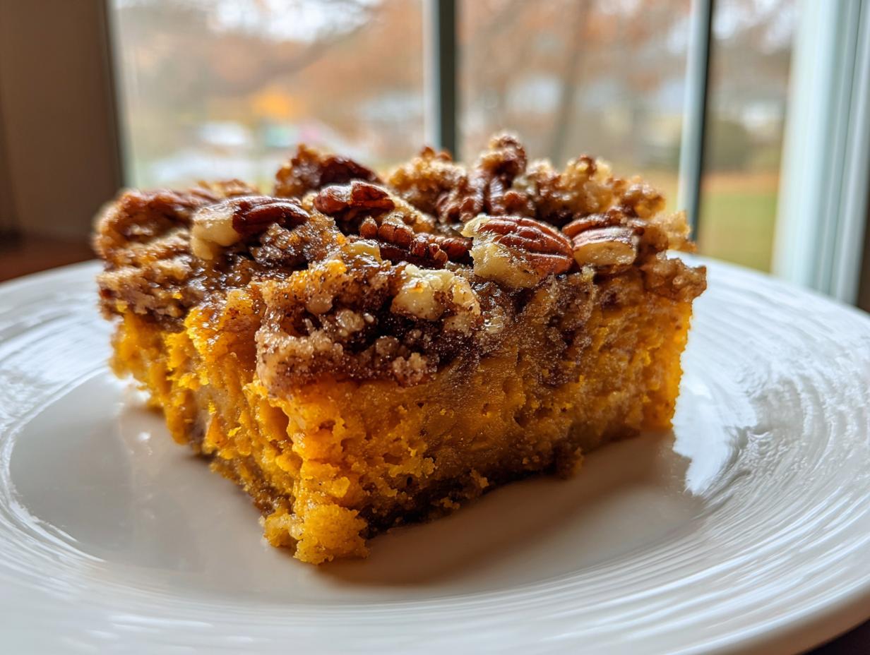 A close-up of a square slice of rich orange southern sweet potato casserole topped with a brown sugar pecan streusel.