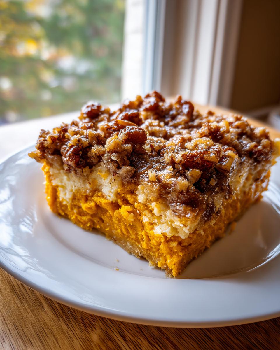 A rich slice of southern sweet potato casserole featuring a bright orange layer, a cream cheese layer, and a crunchy pecan streusel topping.