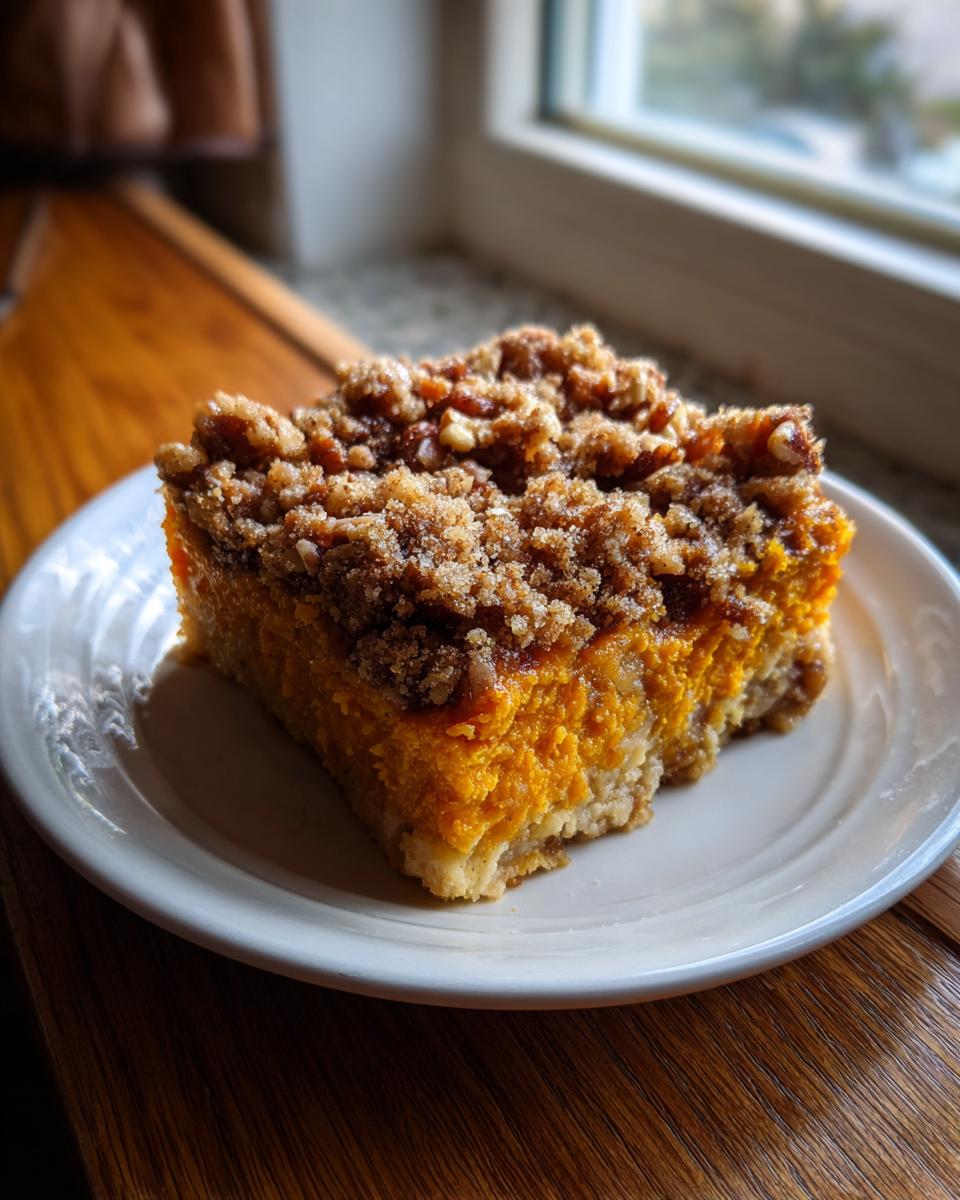 A square slice of southern sweet potato casserole with a thick, crumbly pecan streusel topping on a white plate.