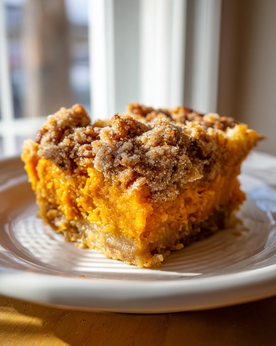 Close-up of a square slice of vibrant orange southern sweet potato casserole topped with a brown sugar pecan crumble.